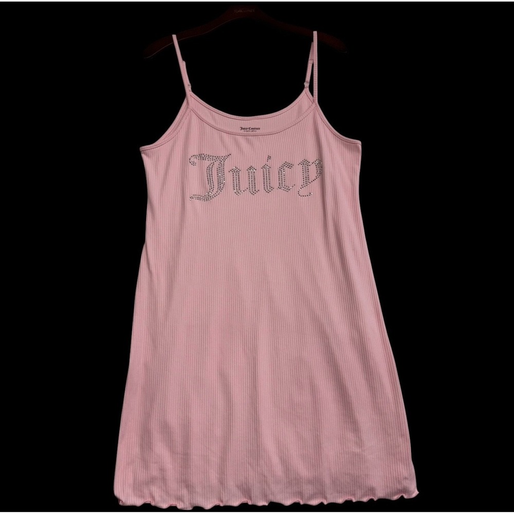 Juicy Couture Pink Ribbed Rhinestone Logo Sleepwear Nightgown Chemise Large #235